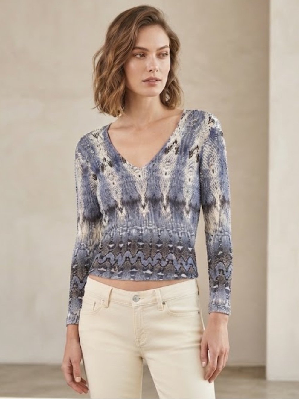 Alberto Makali Beaded V Neck Sweater Blue n White Pattern
